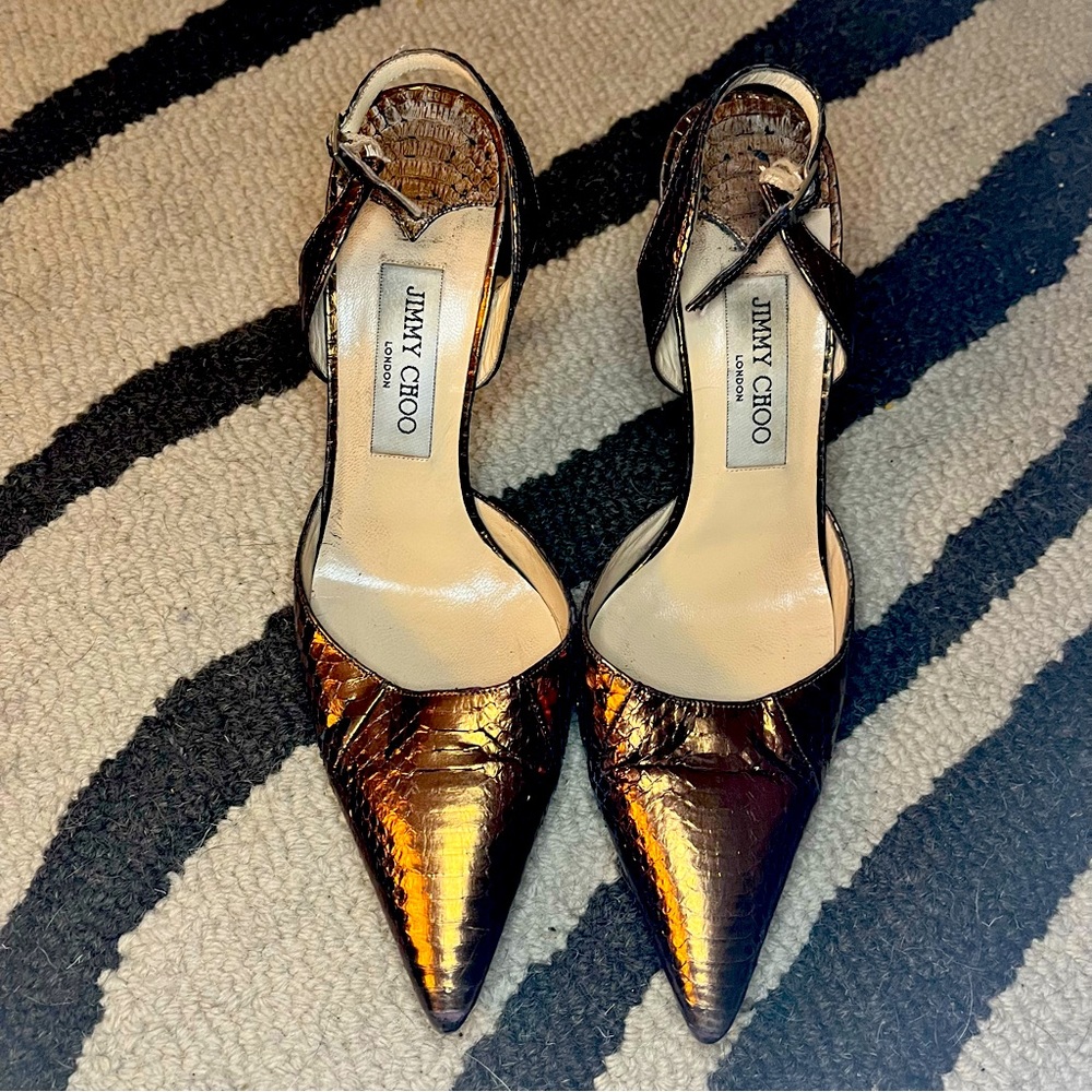 JIMMY CHOO bronze metallic snakeskin sling backs size 38.5